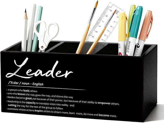 Leader Gifts Pen Pencil Holder for Desk, Thank You Appreciation Gifts for Leaders Boss Manager, Leadership Gift Wooden Box Sign Decorations for Office Workplace Desk Tabletop