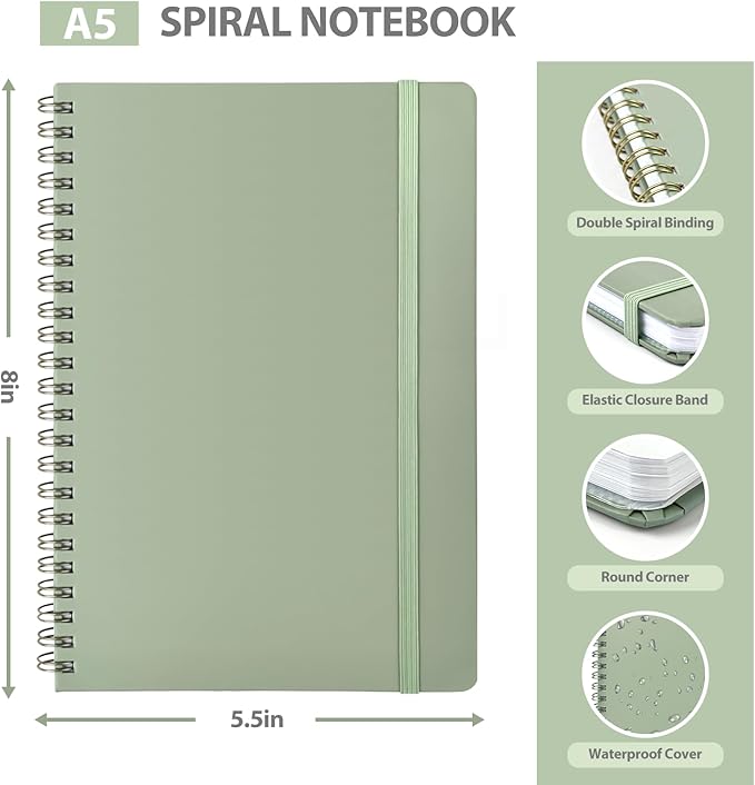 Journaling Notebooks, A5 Lined Spiral Notebook for Women & Men, 146 Pages College Ruled Hardcover Note Book for Work, Note Taking, Journaling, School, Writing (GREEN)