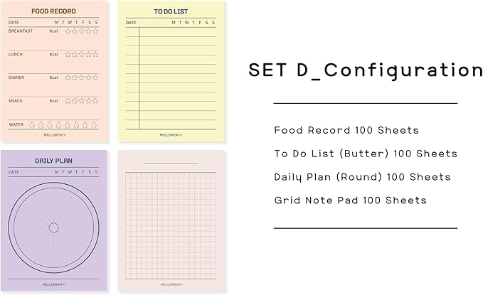 Day By Day Mini Planner Pads, Aesthetic Korean Style Tear-off Planning Pad, Pack of 4 Designs, 100 Sheets each design (Total 400 Sheets), Lovely Assorted Color, Portable Size 3.15 x 4.13", SET_D [ To Do List + Daily Plan + Food Record + Grid Memo Pad ]