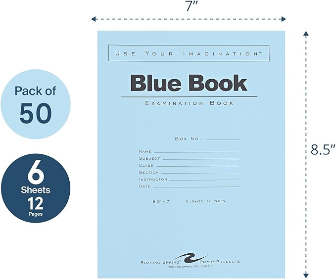 ROARING SPRING Exam Blue Books, 50 School Examination Booklets, 8.5" x 7", 6 Sheets/12 Pages, Wide-Ruled with Margin Student Testbook, Made in USA