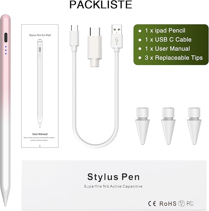 Pen for iPad 2018-2025, HATOKU 15 Mins Fast Charging Pencil 1st Generation with Tilt & Palm Rejection for iPad Air 3/4/5/M2/M3, iPad mini 5/6/7, iPad 6/7/8/9/10/11, iPad Pro 11/12.9/M4/M5 - Pink White