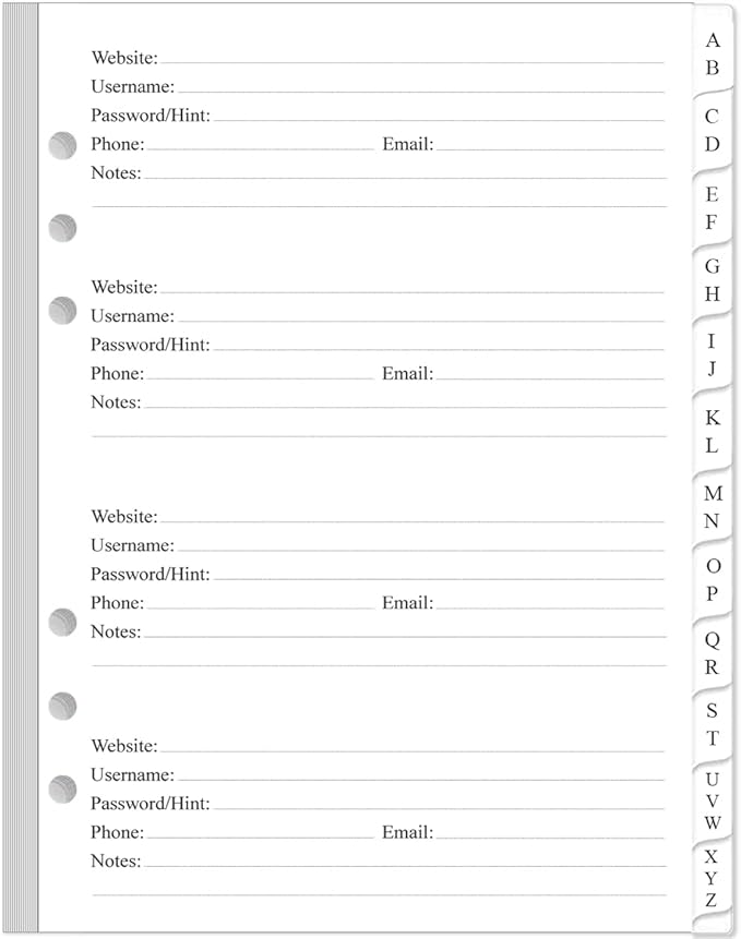 Password Book Refills for A5 Binder - A-Z Password Notebook Refill Paper with Alphabetical Tabs, 120gsm White Paper, 6-Hole Punehed, 5.8" x 8.3"