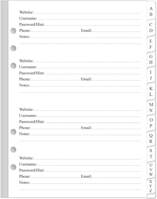 Password Book Refills for A5 Binder - A-Z Password Notebook Refill Paper with Alphabetical Tabs, 120gsm White Paper, 6-Hole Punehed, 5.8" x 8.3"