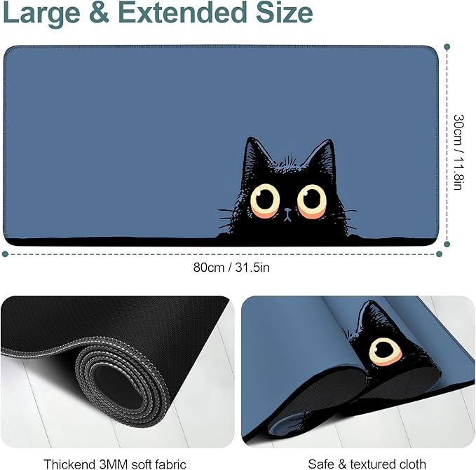 Cat Eyes Extended Mouse Pad XL 31.5"x11.8" – Playful Cat Design Desk Mat – Non-Slip Rubber Base, Stitched Edges