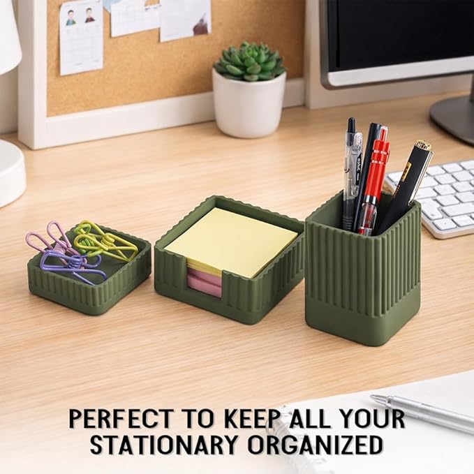 Aesthetic Concrete Desk Organizer Set of 3 - Stylish & Durable Office Accessories - Includes Pen Holder, Paperclip Storage, and Sticky Note Holder for a Clean, Modern Workspace (Green)