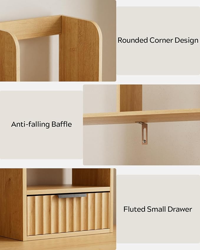 Desktop Bookshelf with Fluted Drawer, Wooden Countertop Shelf Mid Century Modern Desk Hutch Organizer Small Storage Bookcase for Dorm Home Office Study Vanity, Natural Oak