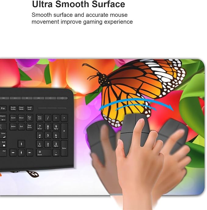 Extra Large Mouse Pads Tulip Flowers and Butterflies XXL Extended Mousepad with Stitched Edges Non-Slip Rubber Base Computer Keyboard Pad Desk Mat for Home Office Desk Decor, 35.4" X 15.7"