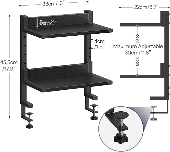 HOOBRO Clamp On Desk Shelf, 2-Tier Desktop Organizer, Space-Saving Desk Shelf with Adjustable Shelves, for Office, Study, Entertainment Accessories, Black BK32SJ01