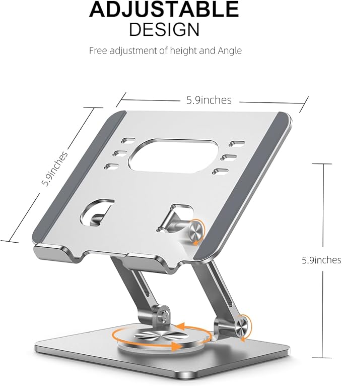 OrlianTablet Stand Holder with Thickened 360°Rotating Base Dual Rod Adjustable Aluminum Stand for All 5.8-12.9” iPad Samsung Phone Tablet Kindle E-Reader and More, Silver