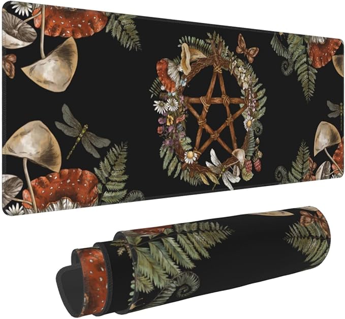 Pentagram Forest Magic Mushroom Witch Black XXL XL Large Gaming Mouse Pad for Desk, Non-Slip Long Extended Keyboard Pads Mousepad Rubber Table Mat 31.5 X 11.8 Inch