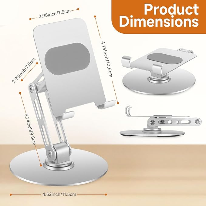 Foldable Desktop Phone Stand for Desk with Adjustable Height up to 6.7inch/17cm Sturdy 360° Rotating Desktop Holder for 4-11 Inch Cell Phones/Tablets, Aluminum Alloy/Carbon Steel Base