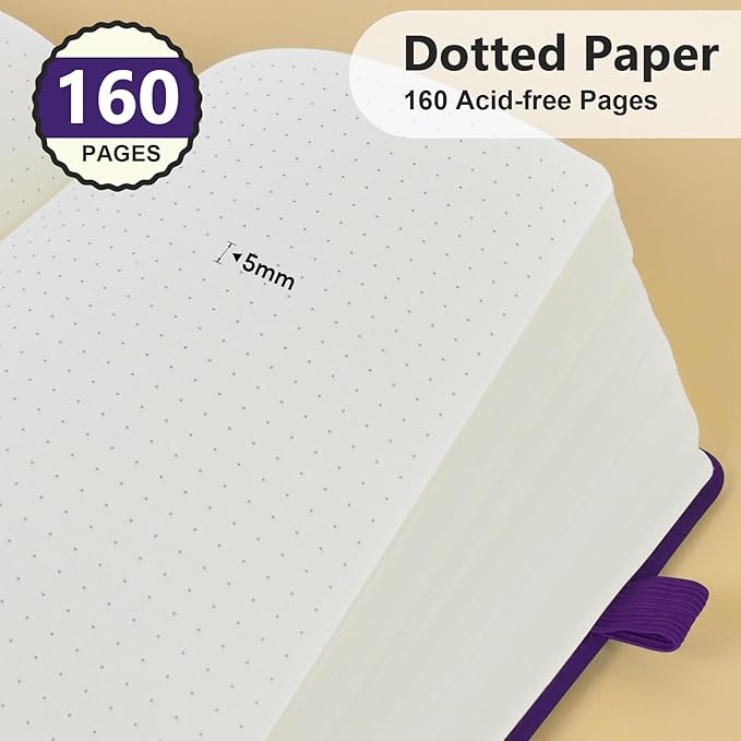 Dotted Journal Notebook for Men & Women, 160 Pages Dot Grid notebook for Note Taking, Bullet Journaling Notebook for Work, School, Travel, Writing, A5 Hardcover 5.9" x 8.5" (Purple)