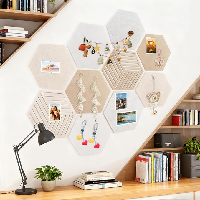 10Pack Hexagon Cork Boards for Walls Decor,Felt Board Tiles with 100 Push Pins,Felt Bulletin Board Tiles for Office & Home for Notes Photos and DIY Classroom Decor