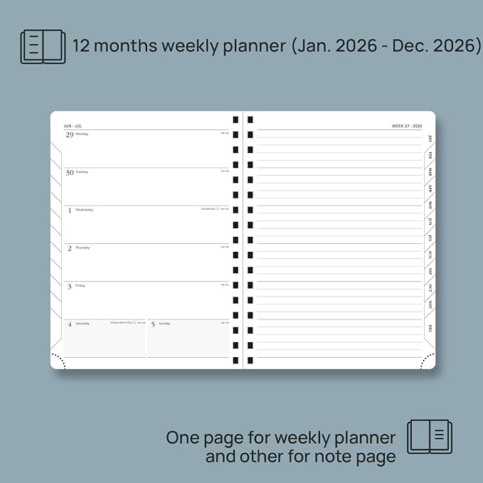 POPRUN 2026 Planner Weekly Notebook (Jan-Dec), Medium 8.5''x 6.5'' - Agenda 2026 Calendar Book with Monthly Tabs, Inner Pocket, Spiral Soft Cover, 100 GSM TJ - Brown