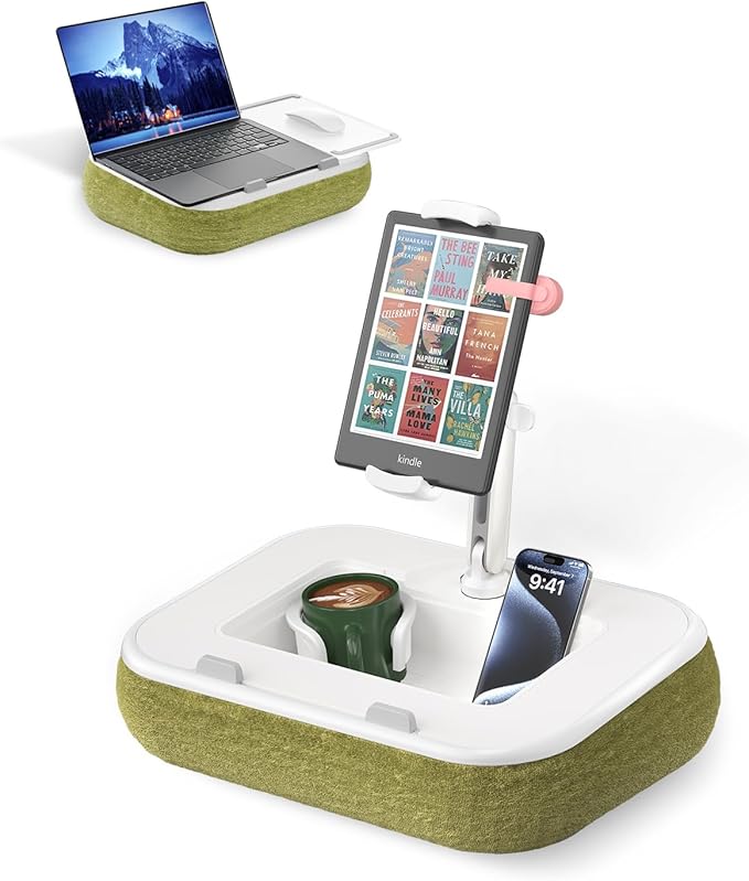 Viozon Kindle Pillow Stand Holder, Phone Holder for Bed, Laptop Lap Desk with Mouse Pad,Compatible with 4.7-13" Kindle/Tablet/Phone,10-15" Laptop, Snack Bowl&Cup Attachment&Detachable 360° Stand Arm