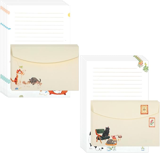Cute Cat Stationery Set 12 PCS Vintage Letter Paper Writing Kit Personalized Stationary Paper and 6PCS Envelopes Set for Women,Pen Pal Supplies Business Papers Handwriting Holiday Greetings