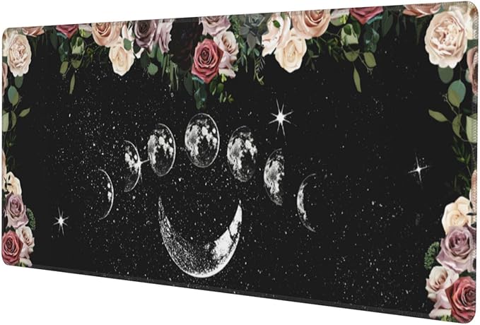 Pale Roses Moon Phase Witchy Tarot Black XXL XL Large Gaming Mouse Pad for Desk, Non-Slip Long Extended Keyboard Pads Mousepad Rubber Table Mat 31.5 X 11.8 Inch