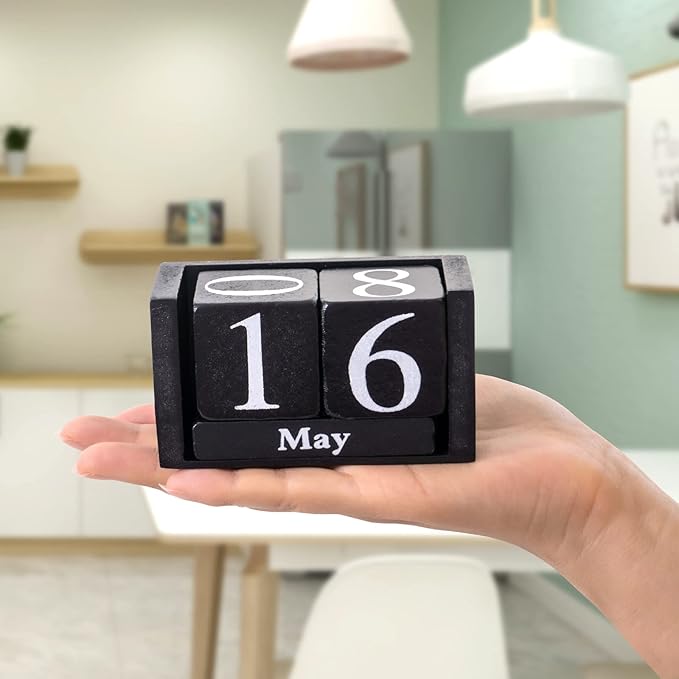 Notakia Black Wooden Block Calendar, Perpetual Desk Calendar, Stylish and Durable Block Calendar for Home and Office