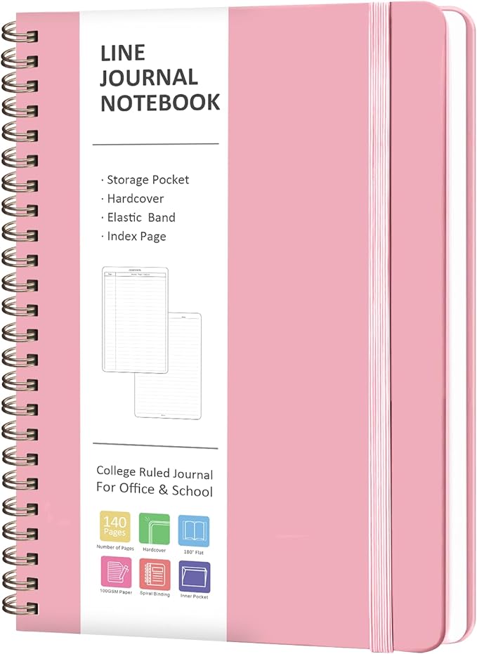Journaling Notebooks, A5 Lined Spiral Notebook for Women & Men, 146 Pages College Ruled Hardcover Note Book for Work, Note Taking, Journaling, School, Writing (PINK)