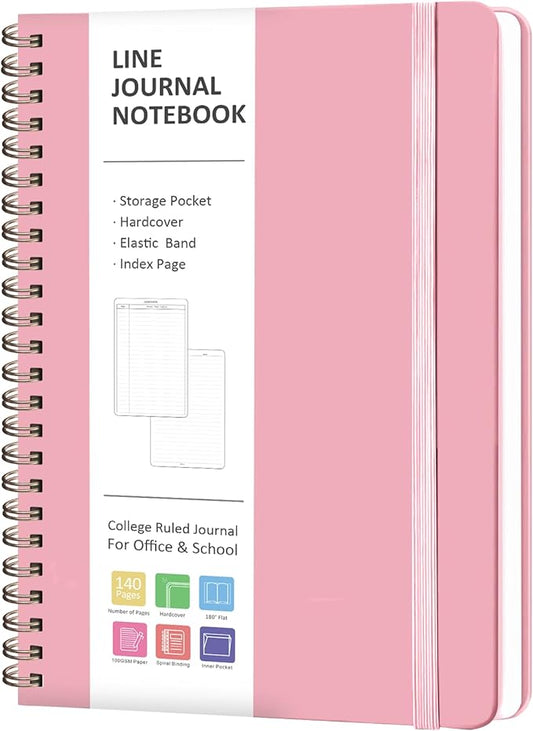 Journaling Notebooks, A5 Lined Spiral Notebook for Women & Men, 146 Pages College Ruled Hardcover Note Book for Work, Note Taking, Journaling, School, Writing (PINK)
