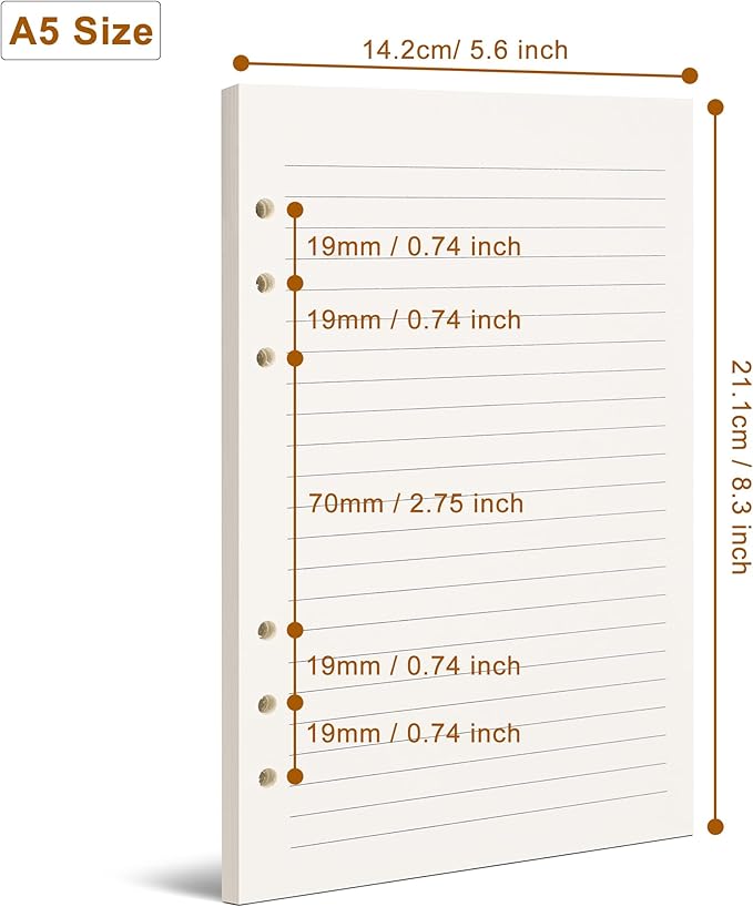 A5 Lined Paper,6 Holes Refill Paper for A5 Planner Binder Journals, 8mm Ruled Loose Leaf, 80 Sheets/160 Pages,5.6x8.3 Inch,Beige