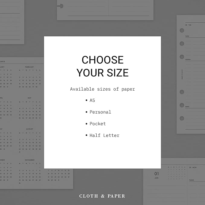Cloth & Paper 2026 Front & Monthly Vellum Planner Dashboard Overlays | Personal Size 3.75 x 6.75 Inches | 13-Piece Set for 6-Ring Personal Planners, Undated, Transparent Heavyweight Paper, Pre-Punched