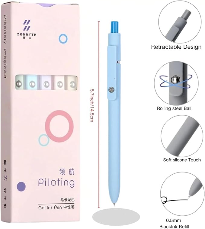 Macaron Color Gel Ink Pens for Journaling & Note-Taking, 5-Pack 0.5mm Fine Point Smooth Writing Retractable Pens - No Bleed or Smudge - Minimalist Pastel Gel Pens for Office & School Supplies