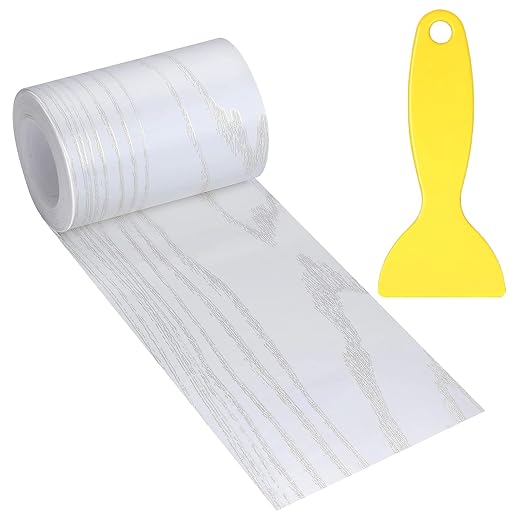 4" X33' Size Realistic Wood Grain Repair Tape, Self Adhesive Wood Grain Repair Patch for Table, Chair, Door, Windows, Floors, Furniture Renovation, Hand DIY. With Plastic Scraper. Gold Line White Wood