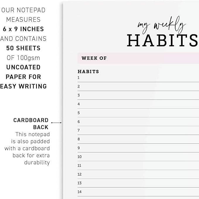 CARDAMONOLY Habit Tracker Notepad in Black and Light Pink- 50 Page Tear Off Planning Pad - 6 x 9 - High Performance Planner - Chore Chart for Adults - Weekly Planner Undated - Self Care Planner