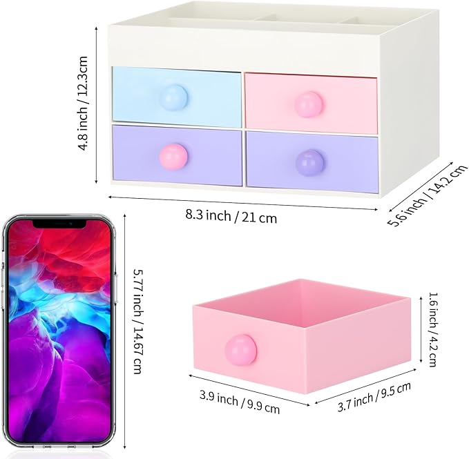 LETURE Desk Organizer with Drawer, Desktop Accessories Stationary Organizer Desk Caddy, Pen/Pencil/Business Card/Sticky Note Tray/Paperclip Holder Storage Box (Colorful A)