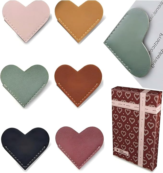 Leather Heart Bookmarks (6pcs) - Cute & Practical Reading Accessory for Book Lovers, Teachers, Students for All Ages