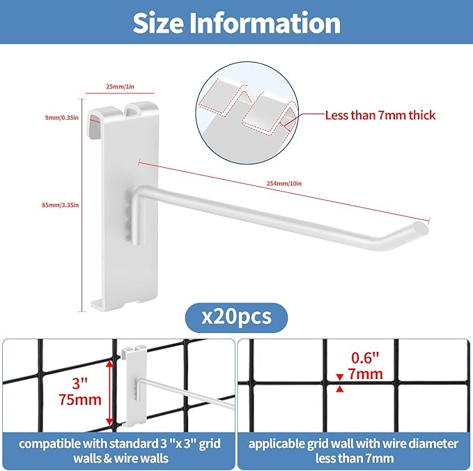 20Pcs Gridwall Hooks, Metal Grid Panel Hanging Peg Hooks, Grid Wall Accessory for Clothes Storage, Home Organization, Retail Display (White, 10"/25Cm)
