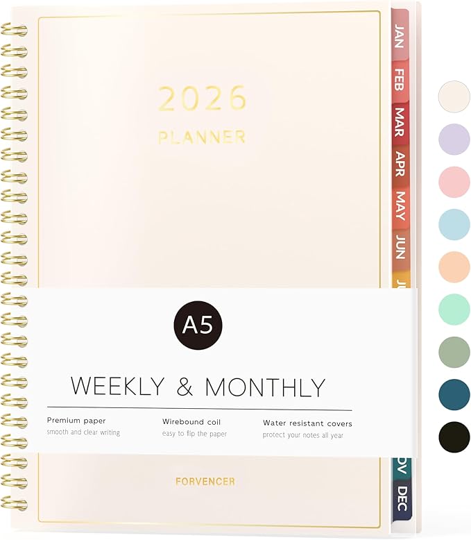 2026 Planner, Forvencer Calendar Planner Weekly and Monthly (Jan 2026-Dec 2026), 6" X 8", Agenda Book, Daily Journal Notebook with Tabs, Flexible Cover, Home School Organizer, A5, Off-white