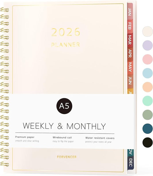 2026 Planner, Forvencer Calendar Planner Weekly and Monthly (Jan 2026-Dec 2026), 6" X 8", Agenda Book, Daily Journal Notebook with Tabs, Flexible Cover, Home School Organizer, A5, Off-white