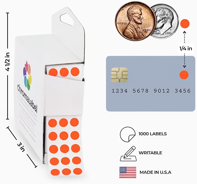 ChromaLabel 0.25 inch Fluorescent Red-Orange Sticky Color Coding Dot Stickers, Ideal for Pricing, Office Supplies, Teachers, Comes with Handy Dispenser - Great for Retail, Manufacturing, Recreation