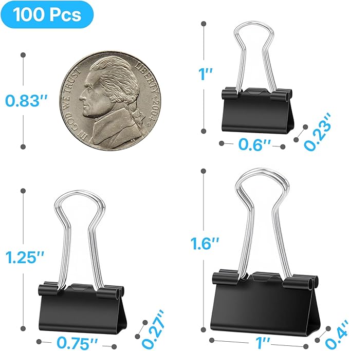 OWLKELA 100 Pcs Paper Binder Clip, Black Binder Clips, Metal Paper Clamps, Assorted Sizes, Ideal for Office, Home and School Supplies