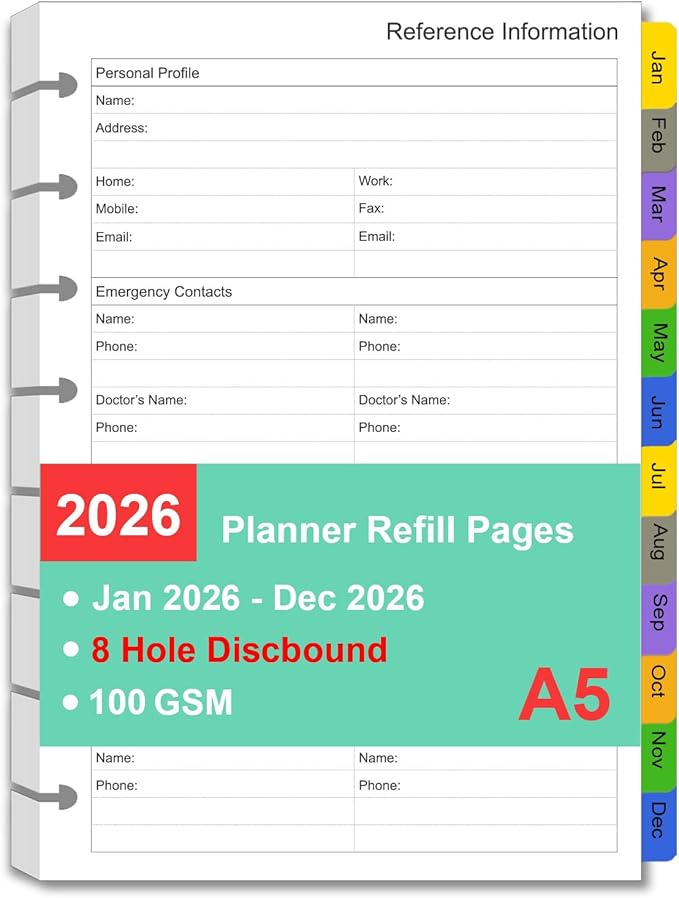 Tiankool 2026 Planner Refill for A5 8-Hole Discbound Binder,Weekly & Monthly Planner Inserts Runs from Jan 2026 to Dec 2026, 5-3/4" x 8-1/4"