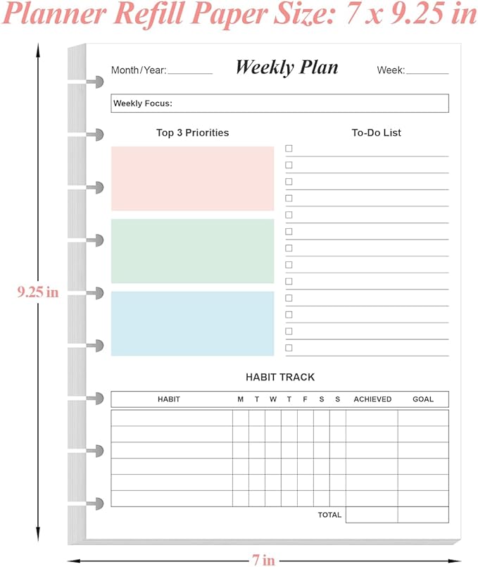 (2-Pack) 9 Disc Weekly Planner Undated Refills - Classic Size 106 Sheets/212 Pages Colorful Weekly Planner for Happy Planners Insert, 100 gsm White Paper, Lasts 2 Year, Undated, 7" x 9.25"