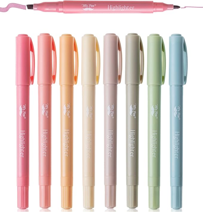 Mr. Pen- Dual Tip Highlighters, 8 Pack, Fine & Chisel, Cute Highlighters Assorted Colors, Dual Tip Markers