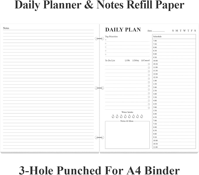 Undated Daily Planner Refill - A4 Planner Inserts, To Do List Refills, 100 Sheets/200 Pages Planner and Lined Refill, 3 Hole Punched, 100 gsm White Paper, 8.5'' x 11''