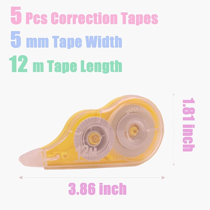 5 Pcs 39.4 Ft Colorful Correction Tape, White Wrong Out Tape Roller Bulk for Noting, Teacher Supplies, School, Office and Home (5 Colors)