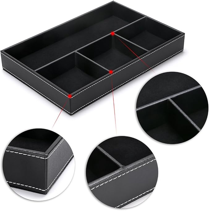 BTSKY 4 slots Desk Drawer Organizer, PU Leather Drawer Storage Organizer Divider for Office Desk Supplies Value Collection and Accessories Multi-Purpose Storage Desktop Organizer Tray(Black)