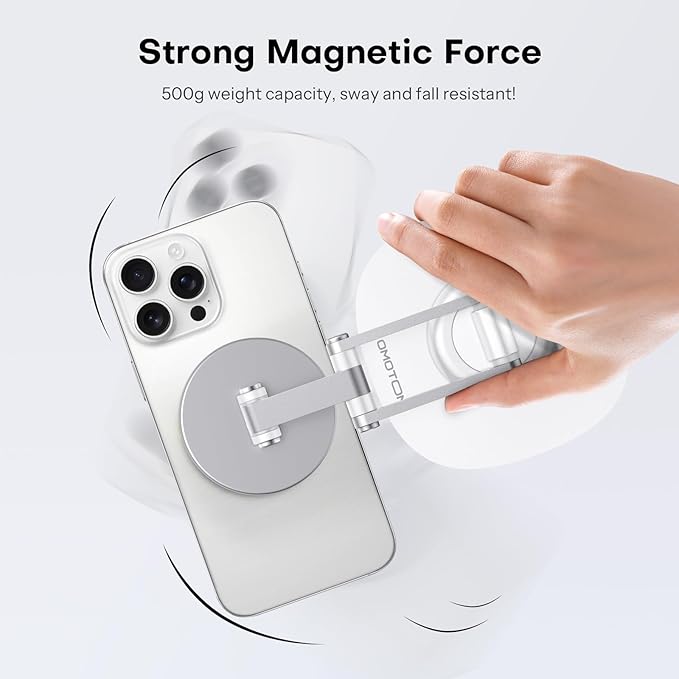 OMOTON 360°Rotating Magnetic Phone Stand for Desk, Adjustable Foldable Aluminum for MagSafe Cell Phone Stand Holder with Non-Slip Base, for iPhone 16/15/14/13 Pro Max (White)