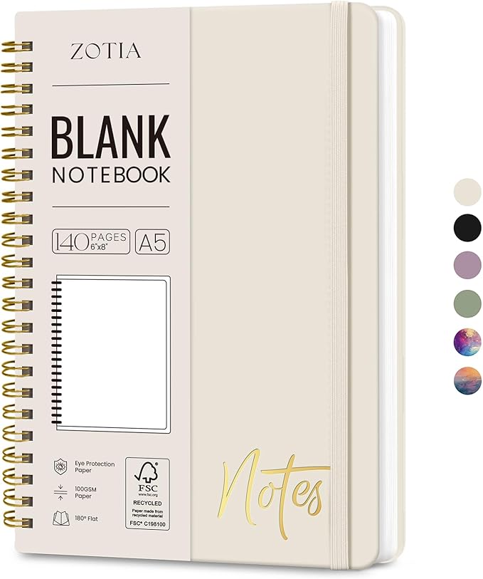 Blank Spiral Journal Notebook for Women, A5 Blank Notebook Journals for Writing, Hardcover Notebooks for Work, Note taking and Office School Supplies,140 Pages - Grey Beige