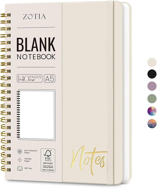 Blank Spiral Journal Notebook for Women, A5 Blank Notebook Journals for Writing, Hardcover Notebooks for Work, Note taking and Office School Supplies,140 Pages - Grey Beige