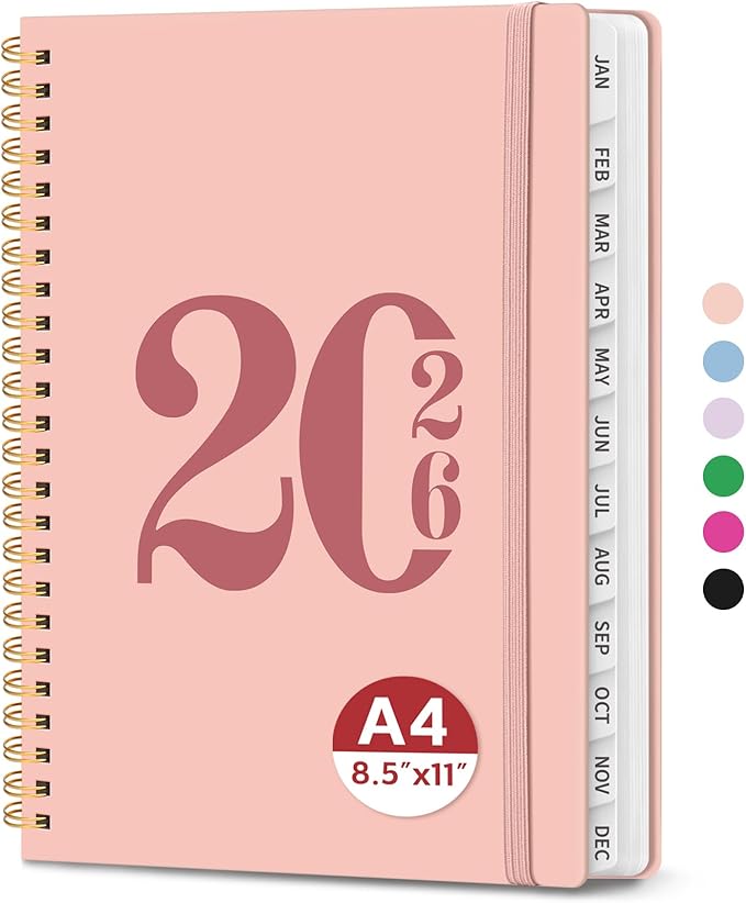 2026 Planner, Weekly and Monthly Calender Planner, Jan 2026 to Dec 2026, Hardcover 2026 Calendar Book with Tabs & Inner Pocket, Office Home School Supplies for Women & Men - A4 (8.5" x 11"), Pink