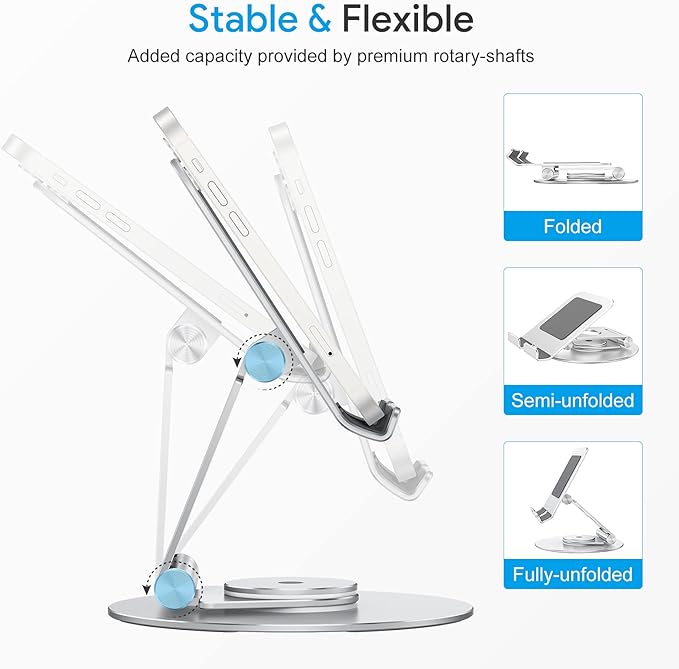 OMOTON T6 Swivel Tablet Stand for iPad with 360 Rotating Base, Foldable Adjustable Holder for Drawing, Compatible with iPad Pro/Air/Mini and More, Silver