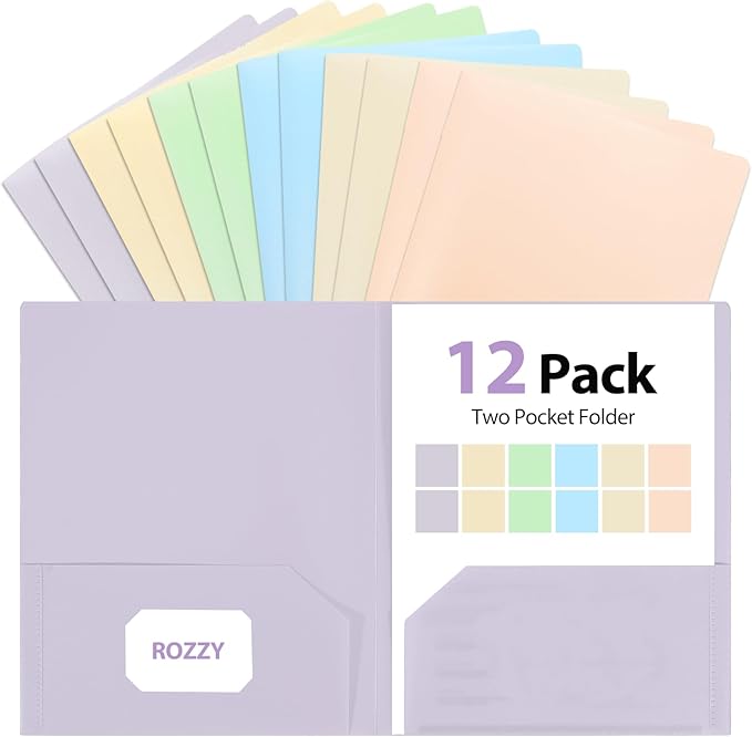 Plastic Folders with Pockets, 12 Pack Document Folders with Business Card Slot, 2 Pocket Folders Back to School Supplies for Kids, Office