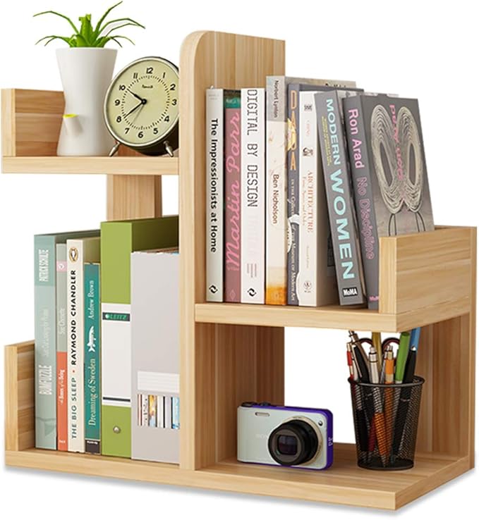 Wood Desktop Shelf Small Bookshelf Assembled Countertop Bookcase Literature Holder Accessories Display Rack Office Supplies Desk Organizer (Walnut Color)