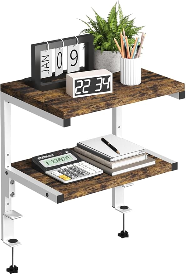 Clamp on Desk Organizer Shelf, Heavy-Duty Desk Extender Side Table with 2-Tier Adjustable Storage Shelves for Desktop Accessories, Gaming Devices, White